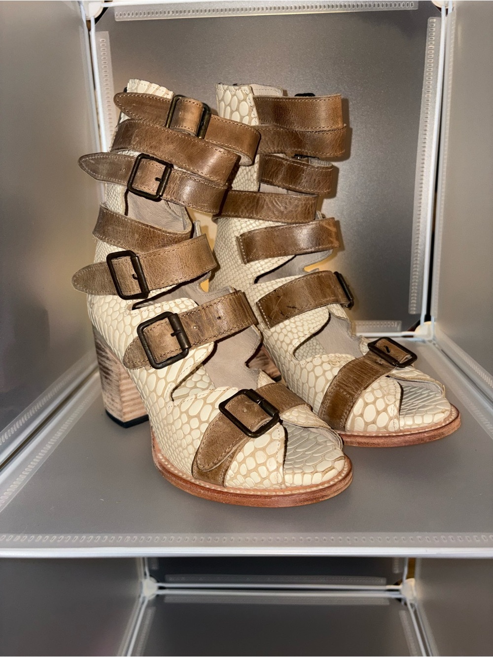 Freebird by Steven Brown and Cream Multi-Buckle Block Heel Sandals